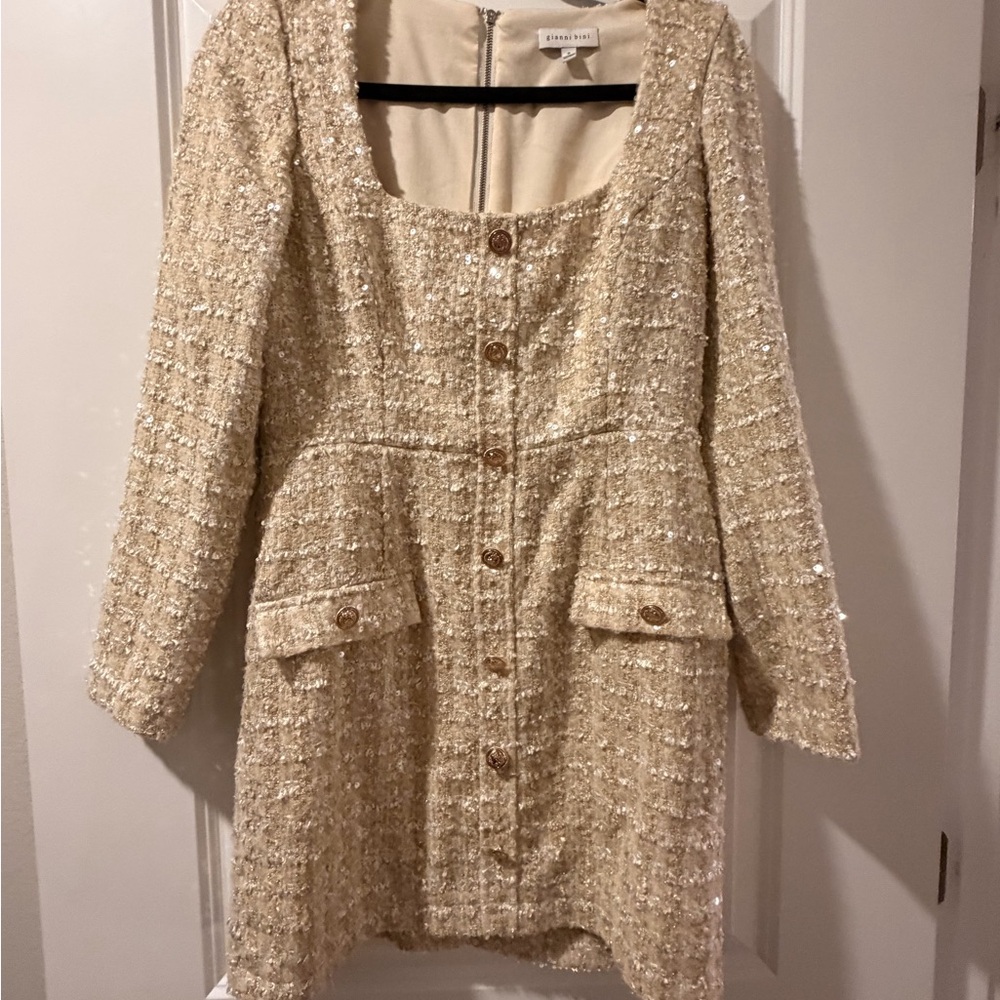 Gianni Bini Cream Long Sleeve Tweed Dress